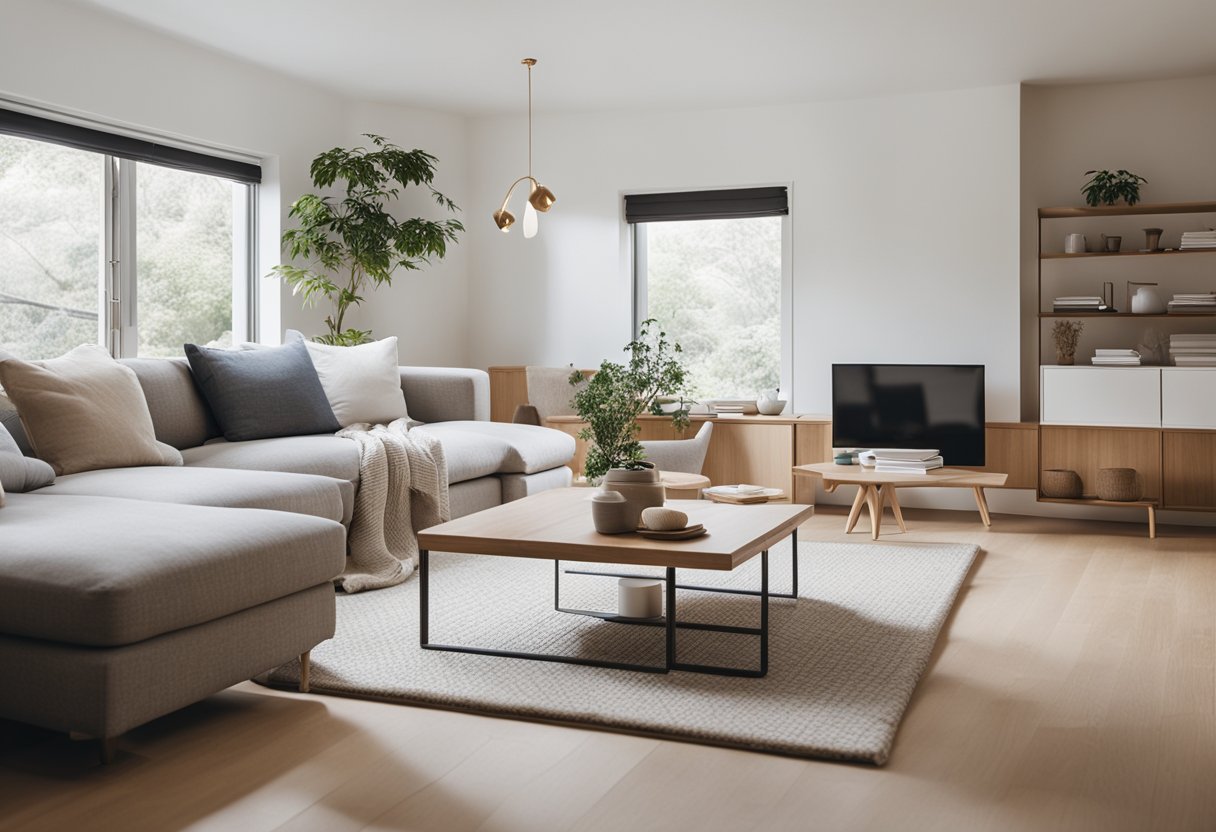 A cozy living room with minimalist furniture, natural light, and clean lines. Japanese and Scandinavian elements blend seamlessly, creating a serene and harmonious space