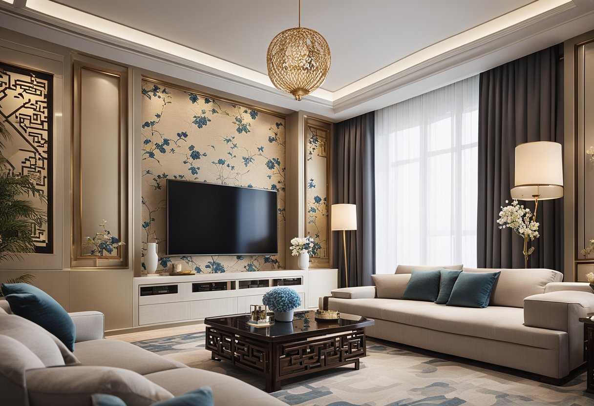 A modern living room with chinoiserie wallpaper, sleek furniture, and traditional Chinese motifs in a contemporary color palette