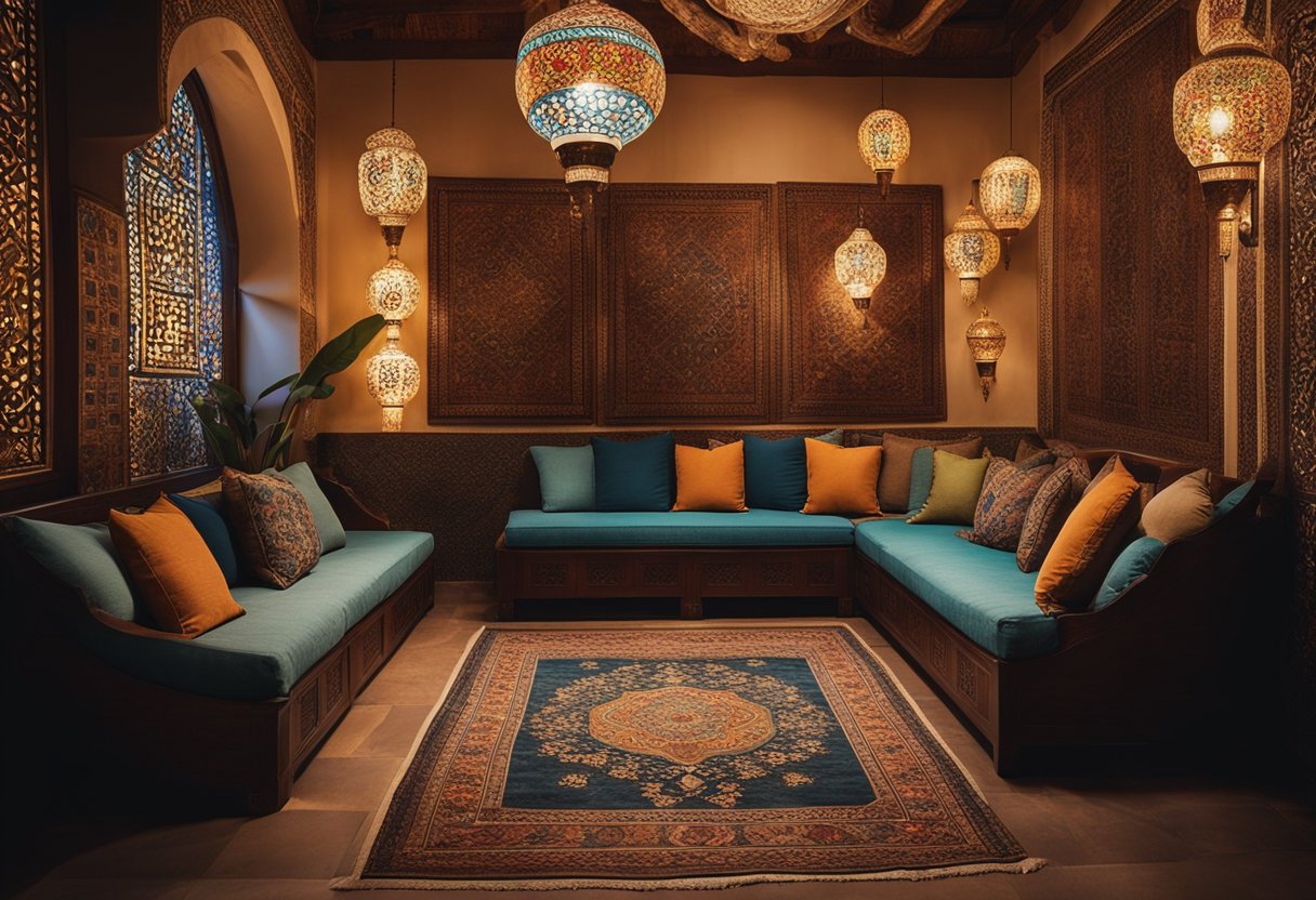 A cozy Middle Eastern interior with ornate rugs, carved wooden furniture, and colorful mosaic patterns adorning the walls and floors. Rich textiles and intricate lanterns create a warm and inviting atmosphere