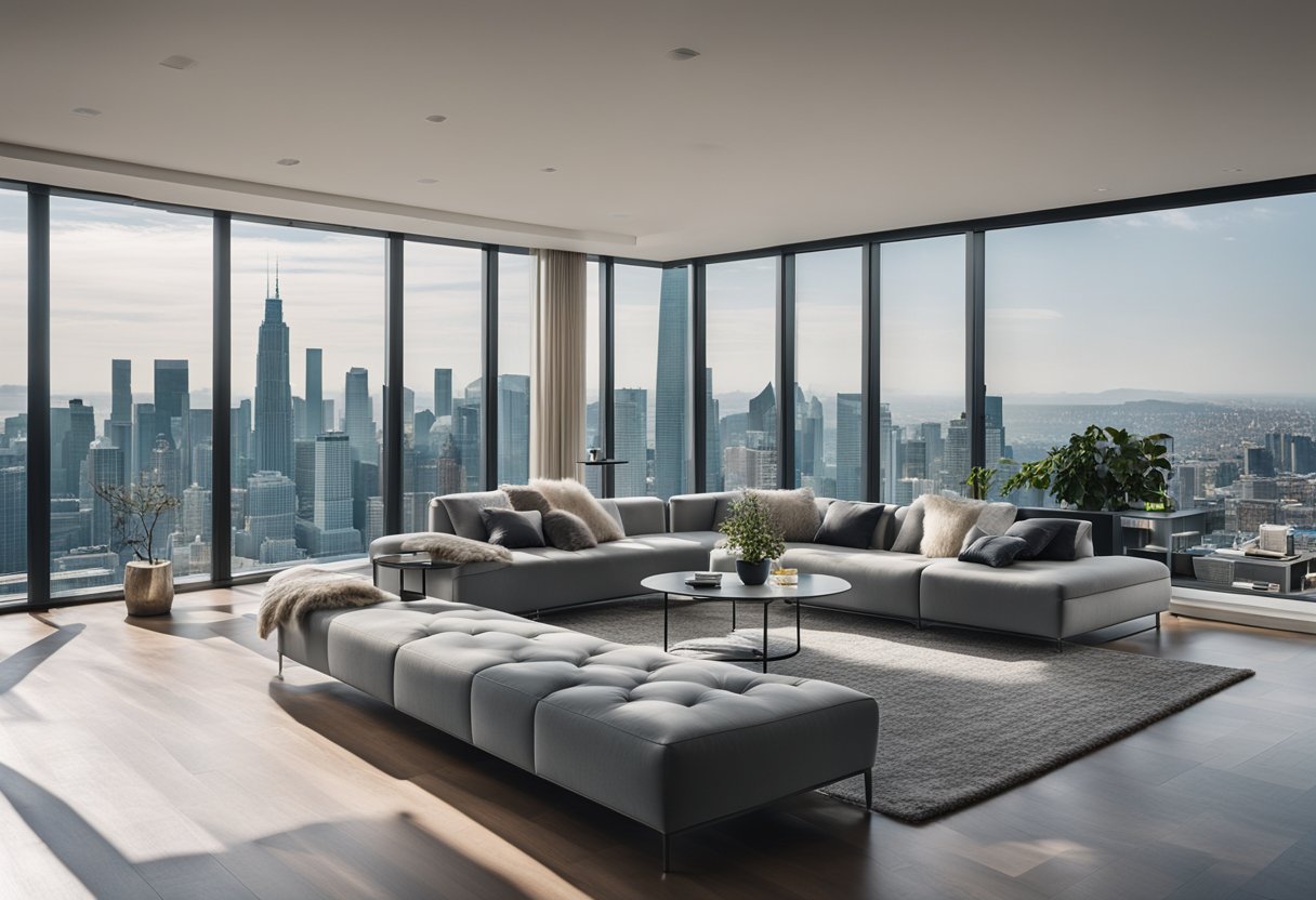A modern living room with sleek furniture, a minimalist color palette, and large windows overlooking the city skyline
