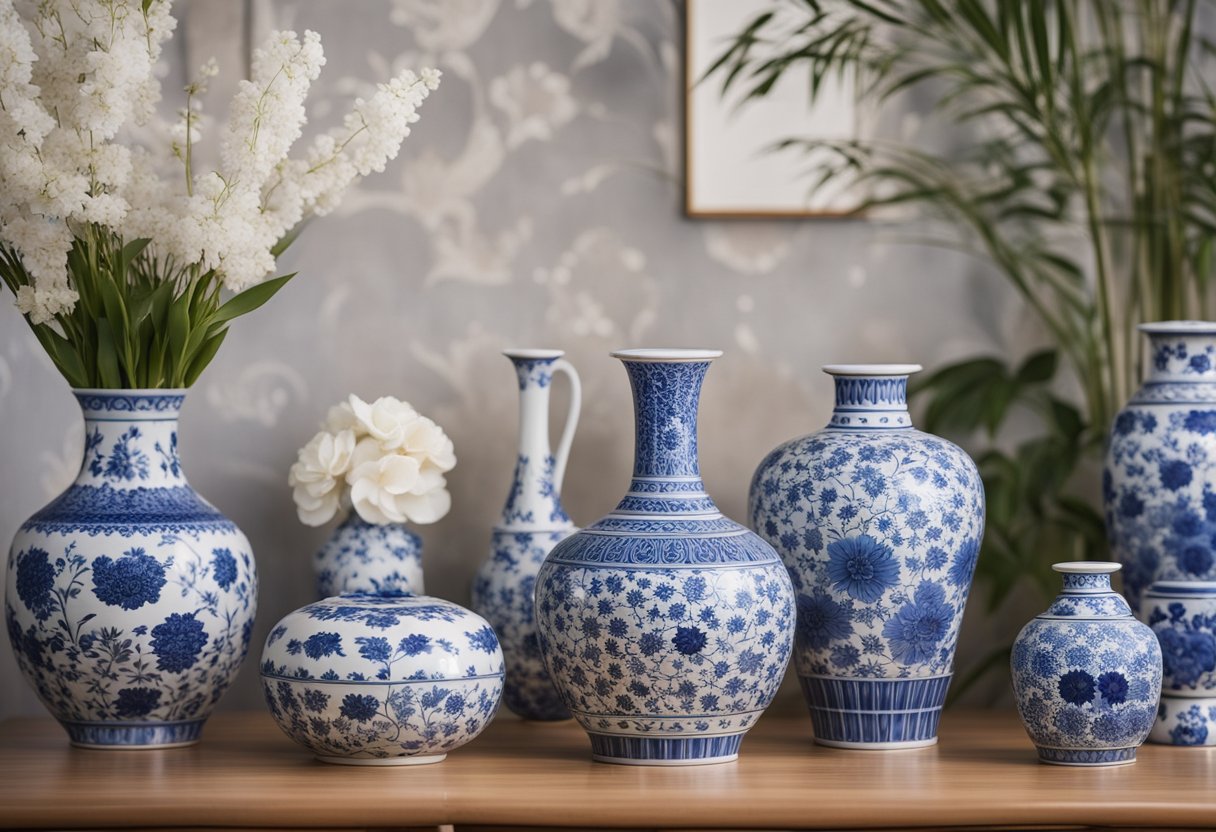 A serene living room with blue and white porcelain vases, bamboo furniture, and floral motifs on wallpaper and textiles