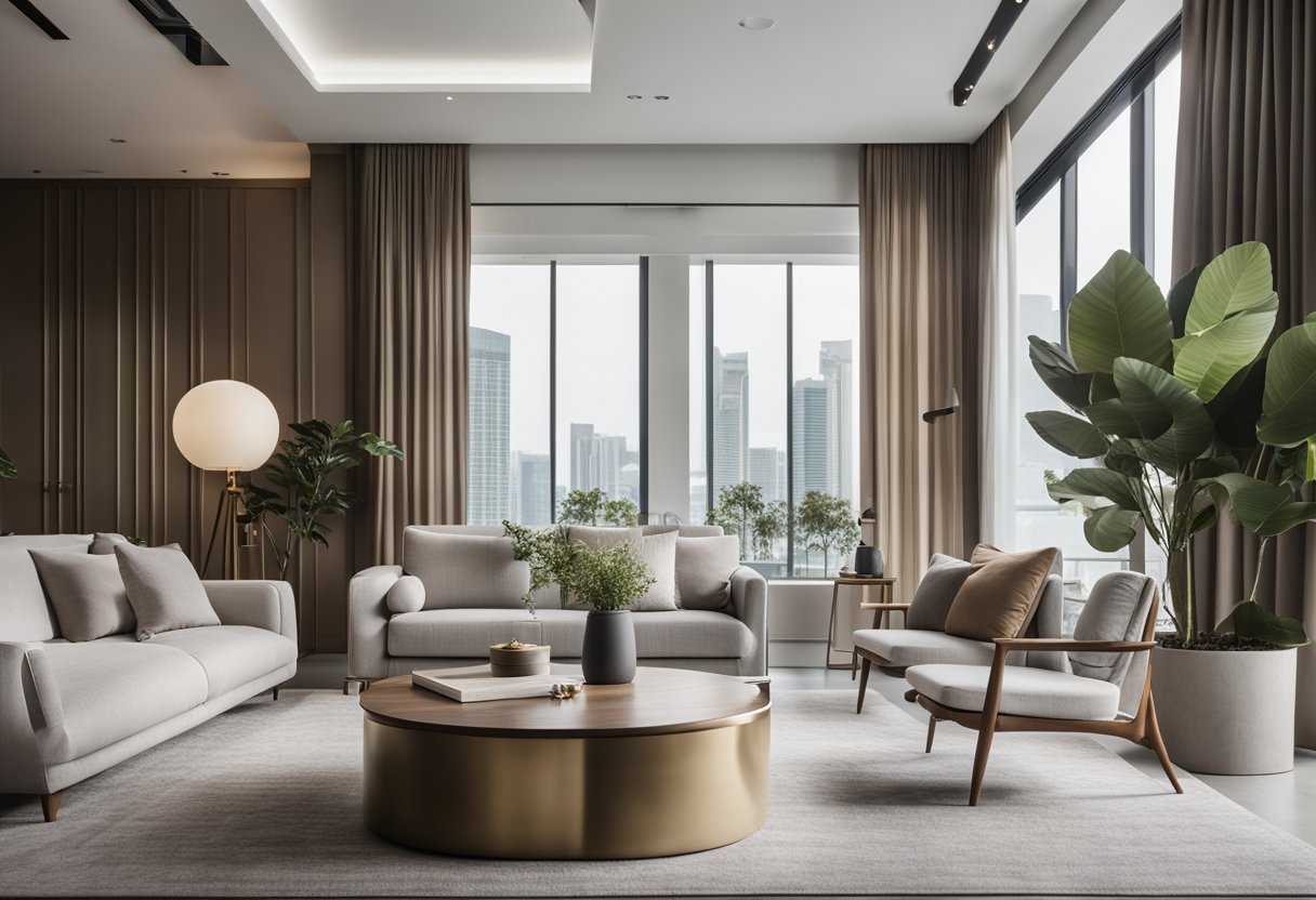 A modern living room with sleek furniture and minimalist decor in Singapore. The space is filled with natural light and features a neutral color palette