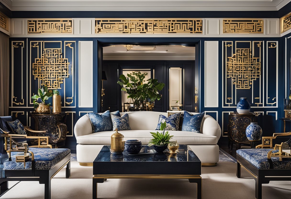 A modern chinoiserie interior with bold patterns, sleek furniture, and a mix of traditional Chinese elements and contemporary design accents
