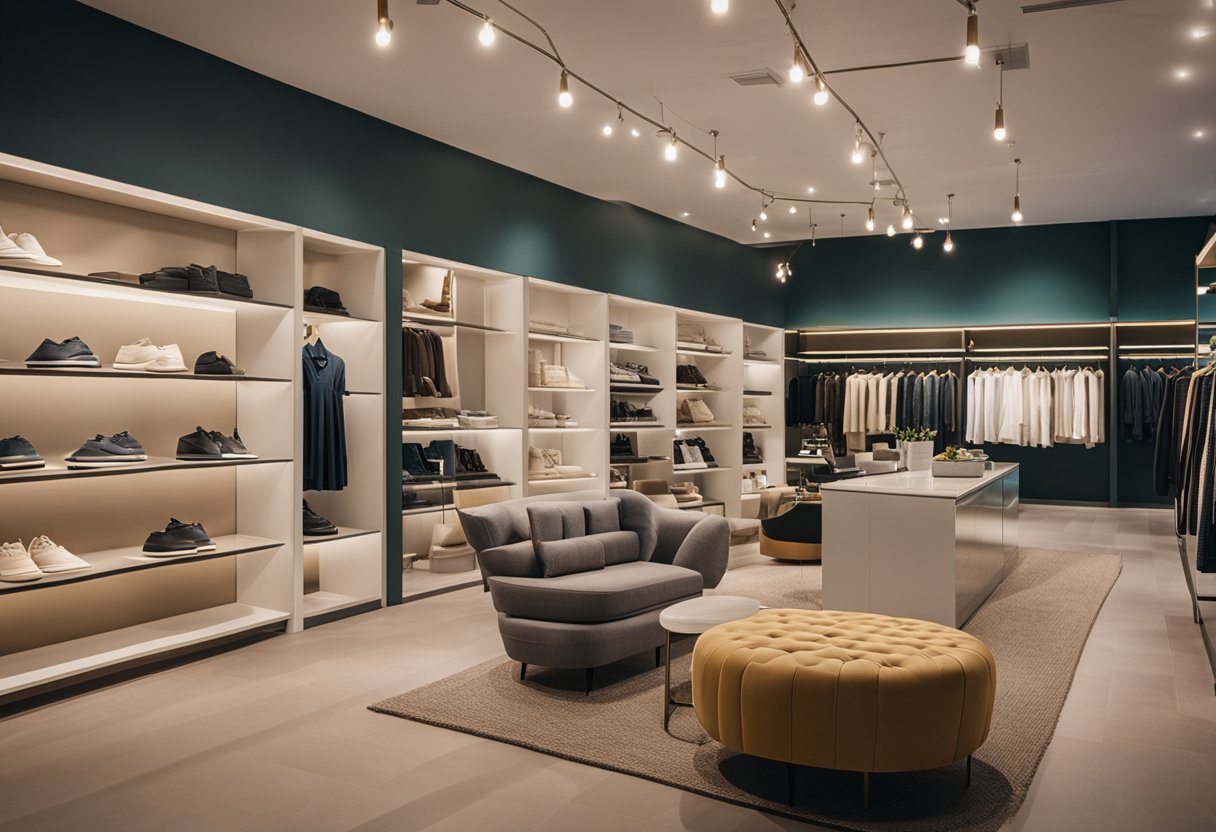 A bright and modern garment shop interior with sleek shelving, stylish mannequins, and a cozy seating area for customers to relax