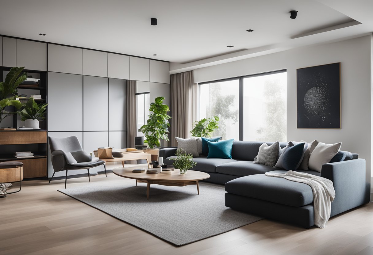 A sleek, modern living room with minimalist furniture and a pop of color. Clean lines and a sense of spaciousness create a welcoming and stylish atmosphere