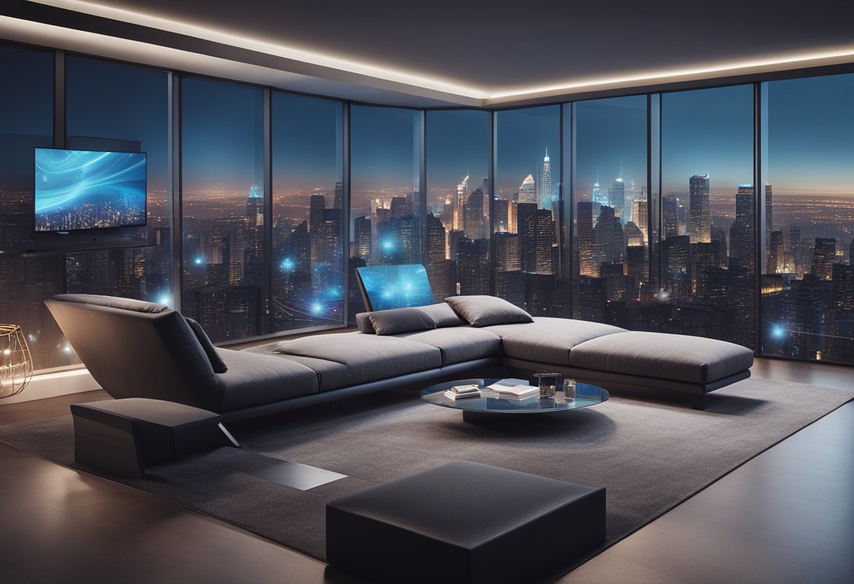 A sleek, minimalist apartment with holographic displays, smart furniture, and panoramic city views