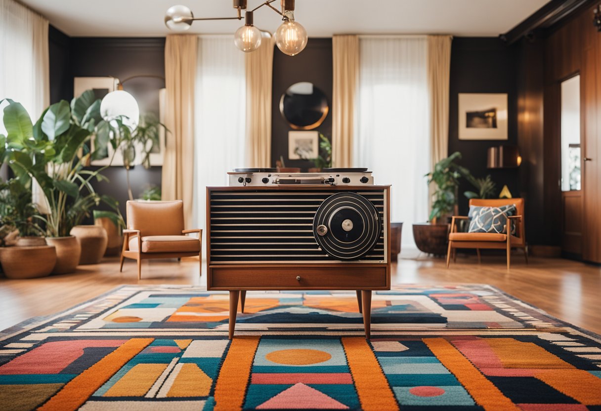 A vintage living room with mid-century furniture, bold patterns, and bright colors. A record player sits on a teak sideboard, surrounded by geometric rugs and abstract art
