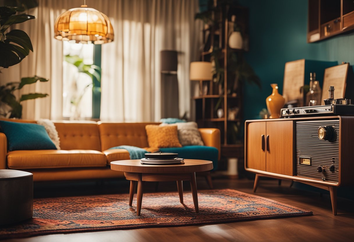 A cozy living room with mid-century furniture, bold patterns, and vibrant colors. A record player sits on a retro sideboard, while a shag rug and lava lamp add to the vintage vibe