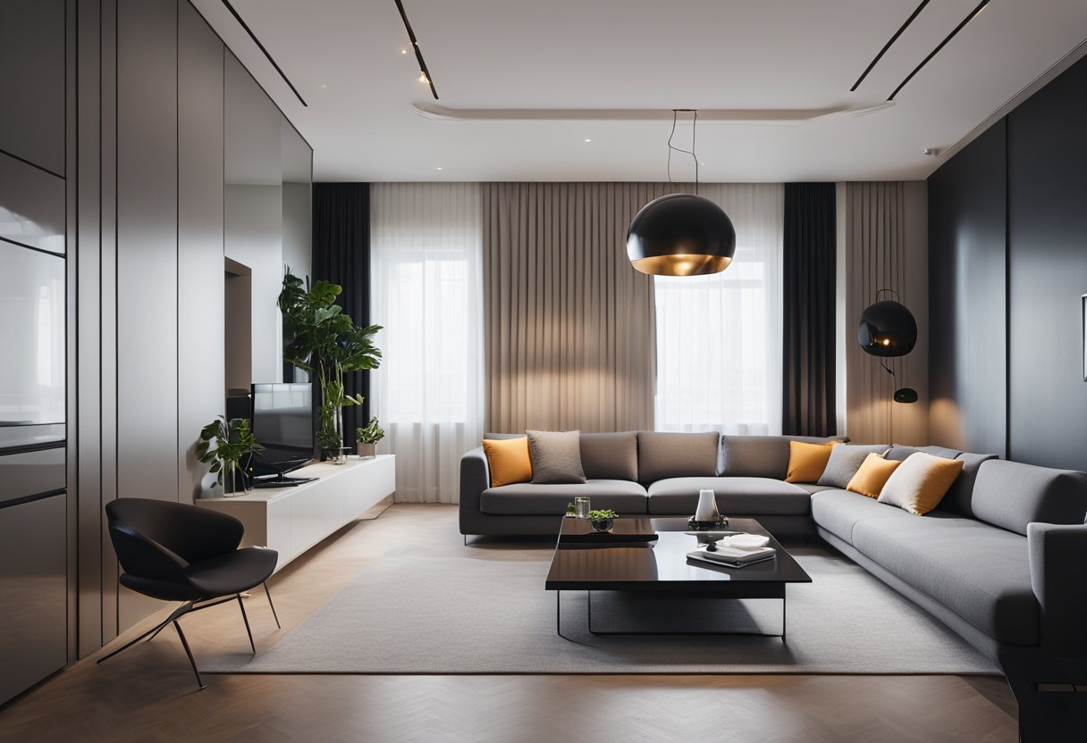 A sleek, minimalist apartment with clean lines, futuristic furniture, and integrated technology. The space features bold geometric shapes, metallic accents, and a neutral color palette with pops of vibrant, neon colors