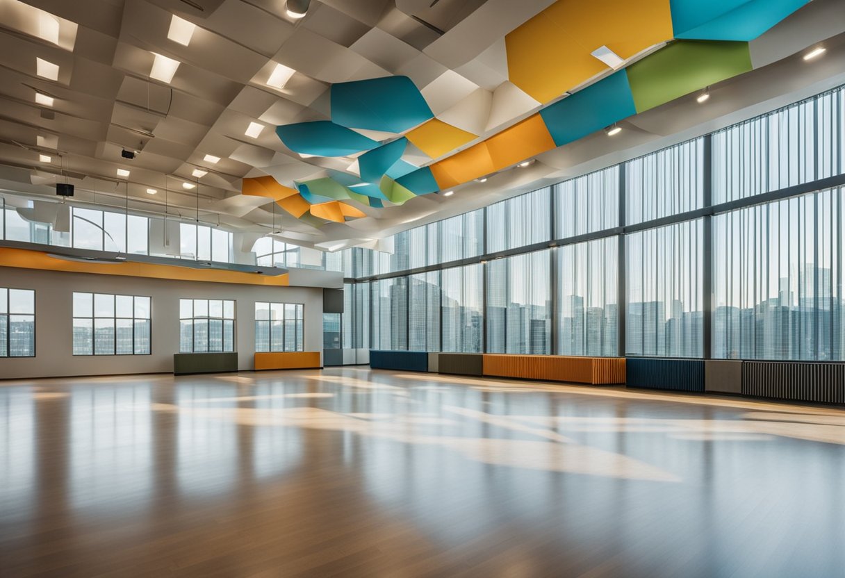 The multi-purpose hall is spacious with high ceilings, large windows, and modern lighting fixtures. The walls are adorned with colorful artwork, and there are movable partitions for flexible room configurations