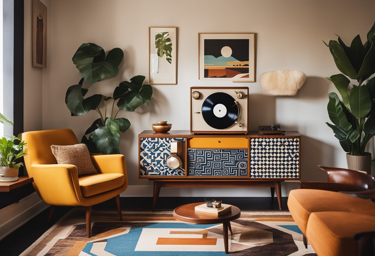 A cozy living room with mid-century modern furniture, bold geometric patterns, and vibrant colors. A record player sits on a vintage sideboard, surrounded by retro art and decor
