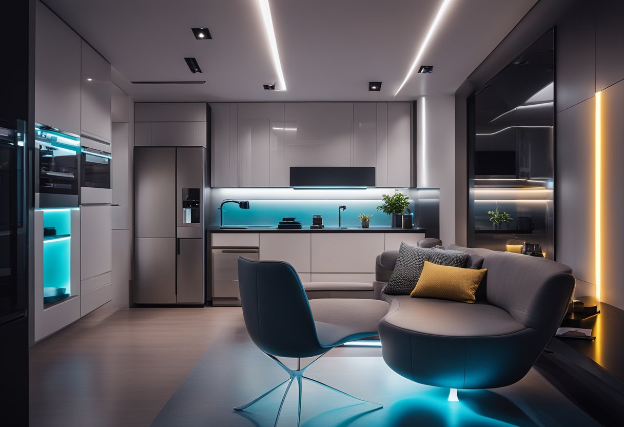 The futuristic apartment features sleek, minimalist furniture, LED accent lighting, and high-tech gadgets. The color scheme is monochromatic with pops of bold, vibrant colors