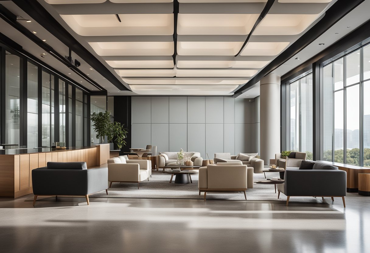 The lobby features a modern, minimalist design with sleek furniture, a neutral color palette, and large windows allowing natural light to fill the space