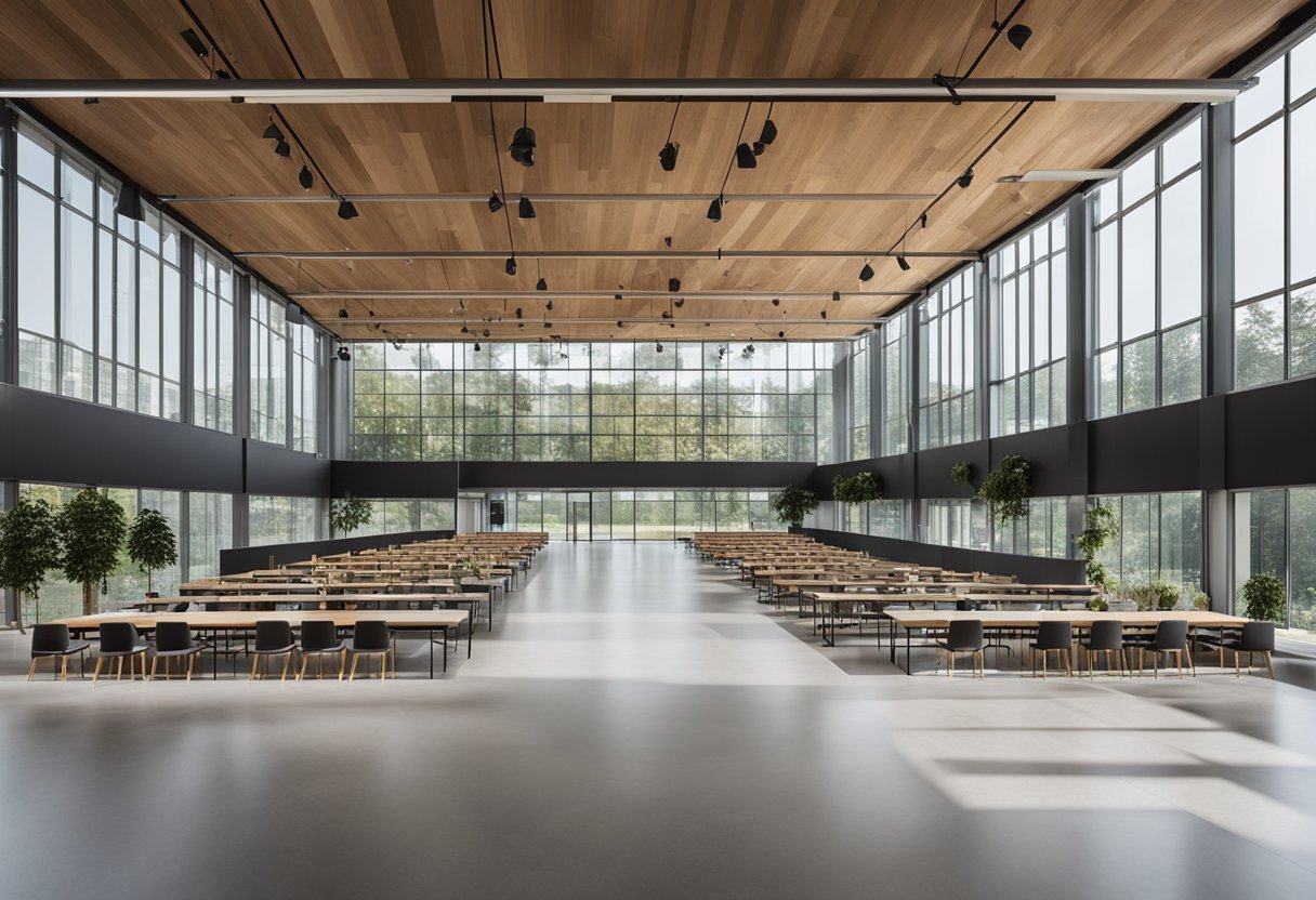 The multi-purpose hall features high ceilings, ample natural light, and versatile seating arrangements. The space is adorned with modern, minimalist decor and is equipped with state-of-the-art audiovisual technology