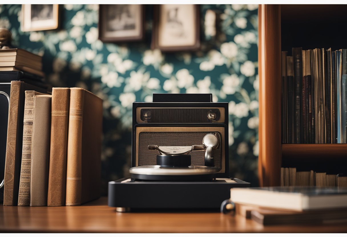 A cozy living room with vintage furniture, patterned wallpaper, and a record player. A stack of old books and a rotary phone sit on a side table