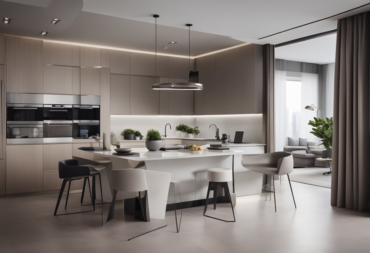 A sleek, minimalist apartment with futuristic furniture and smart technology. Clean lines, neutral colors, and high-tech gadgets create a modern, sophisticated atmosphere