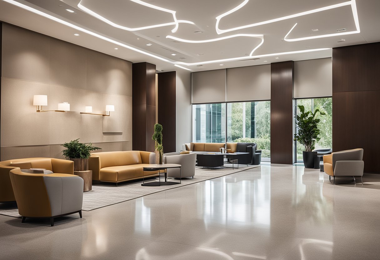 The lobby features modern furniture, a neutral color palette, and clean lines. A large, abstract art piece hangs on the wall, and natural light floods the space
