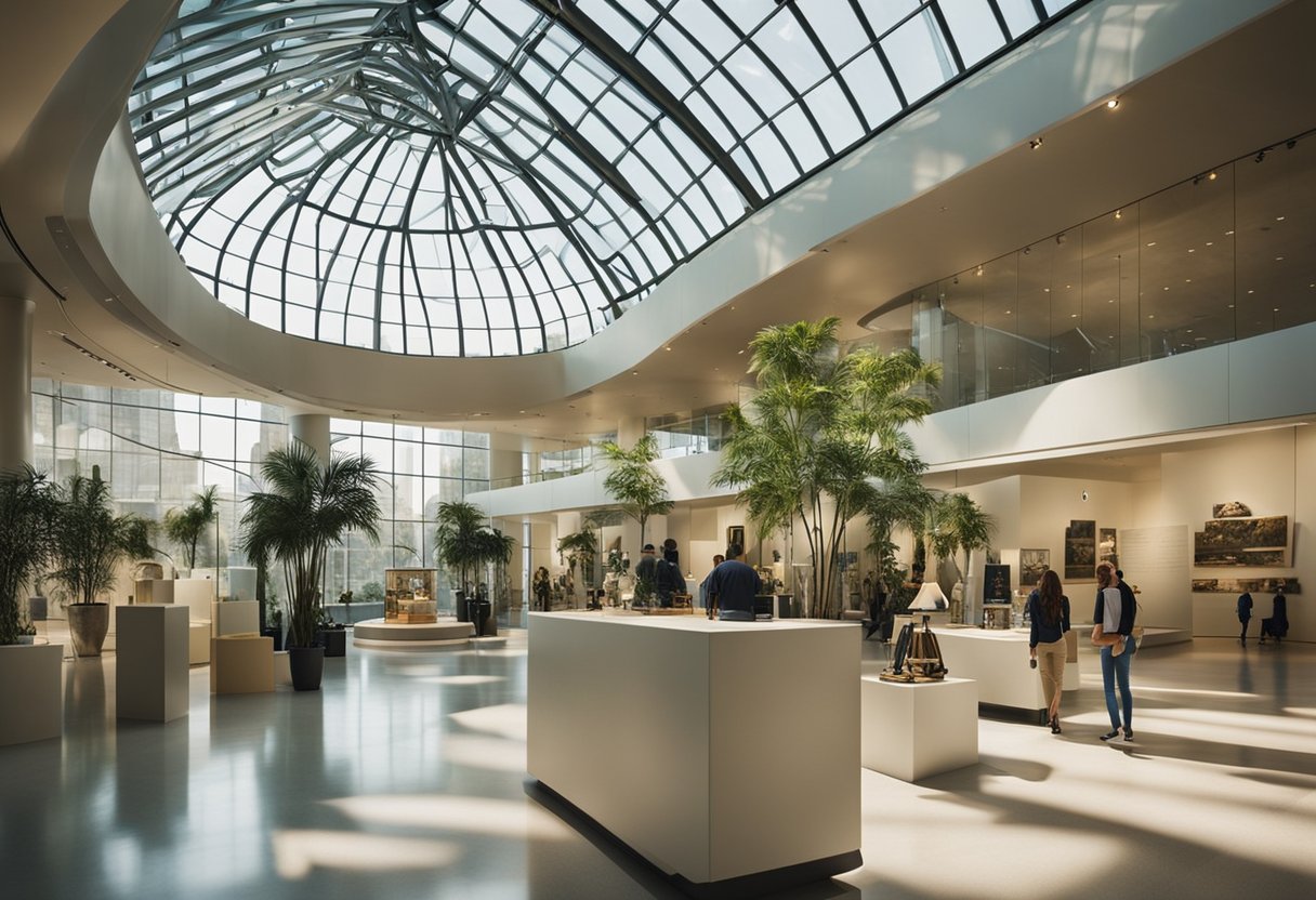 The museum interior features high ceilings, natural lighting, and modern exhibits arranged in a spacious and open floor plan