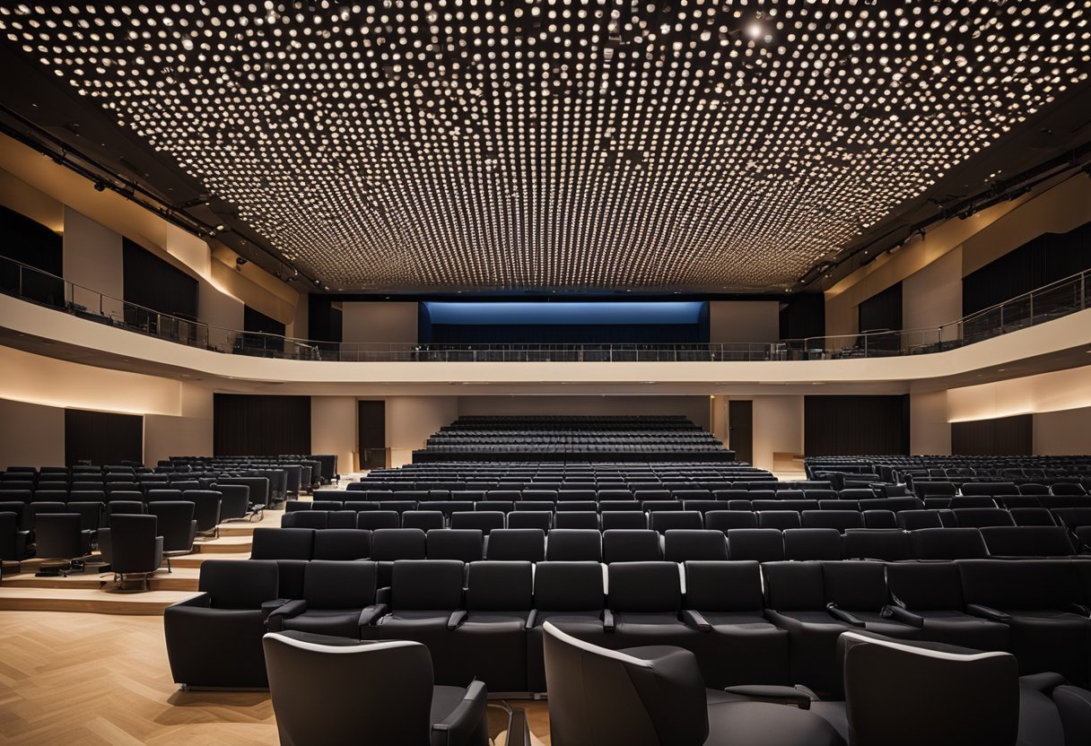 The multi-purpose hall features versatile seating arrangements, adjustable lighting, and soundproofing for various events
