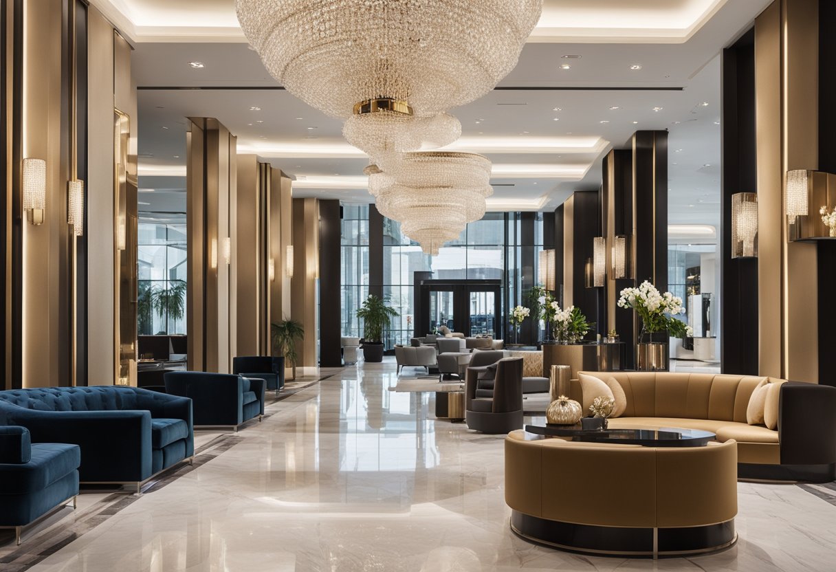 The lobby features sleek marble floors, a modern glass chandelier, and plush velvet seating. A display of high-end accessories lines the walls, including designer handbags and luxury watches