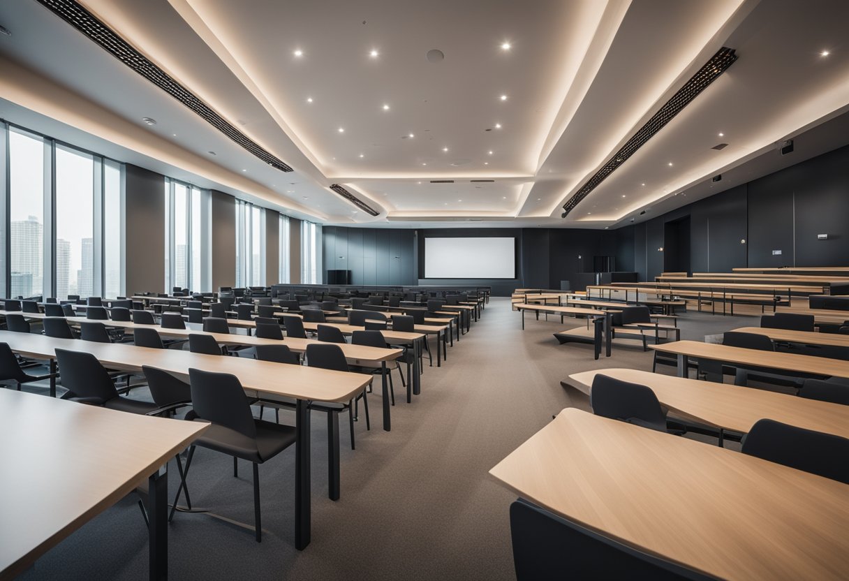 The multi purpose hall features modern, sleek design with versatile seating arrangements, ample natural lighting, and a minimalist color palette