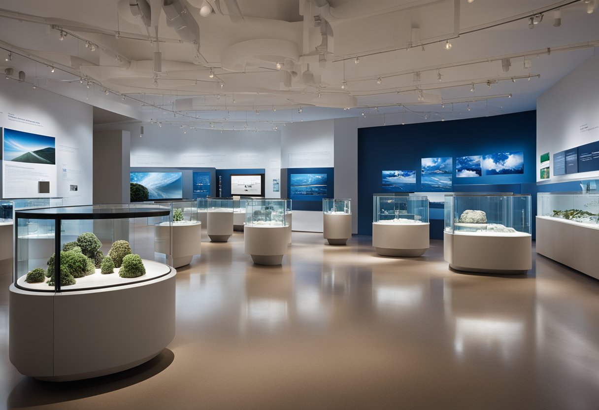 The museum interior features clean lines, modern lighting, and interactive exhibits. The space is organized with clear pathways and open sightlines for visitors to explore