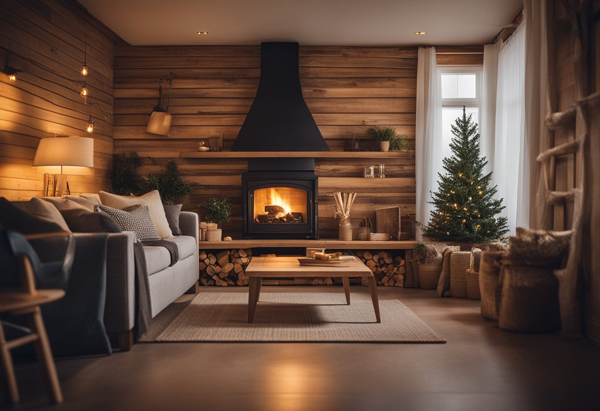 A cozy one-room house with a simple, rustic interior. A small fireplace, wooden furniture, and warm lighting create a welcoming atmosphere