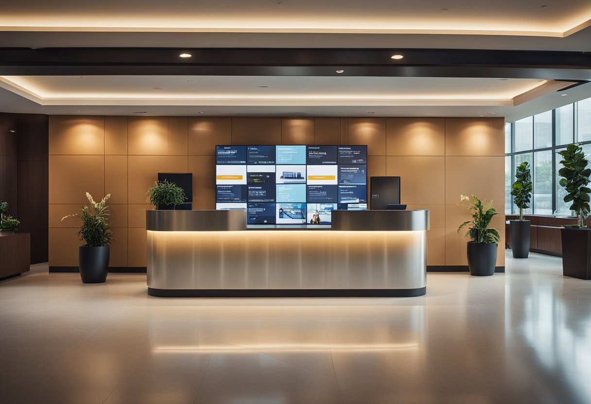 The lobby is modern with sleek furniture, a large information desk, and a wall of FAQs displayed on digital screens. A warm color palette and soft lighting create a welcoming atmosphere