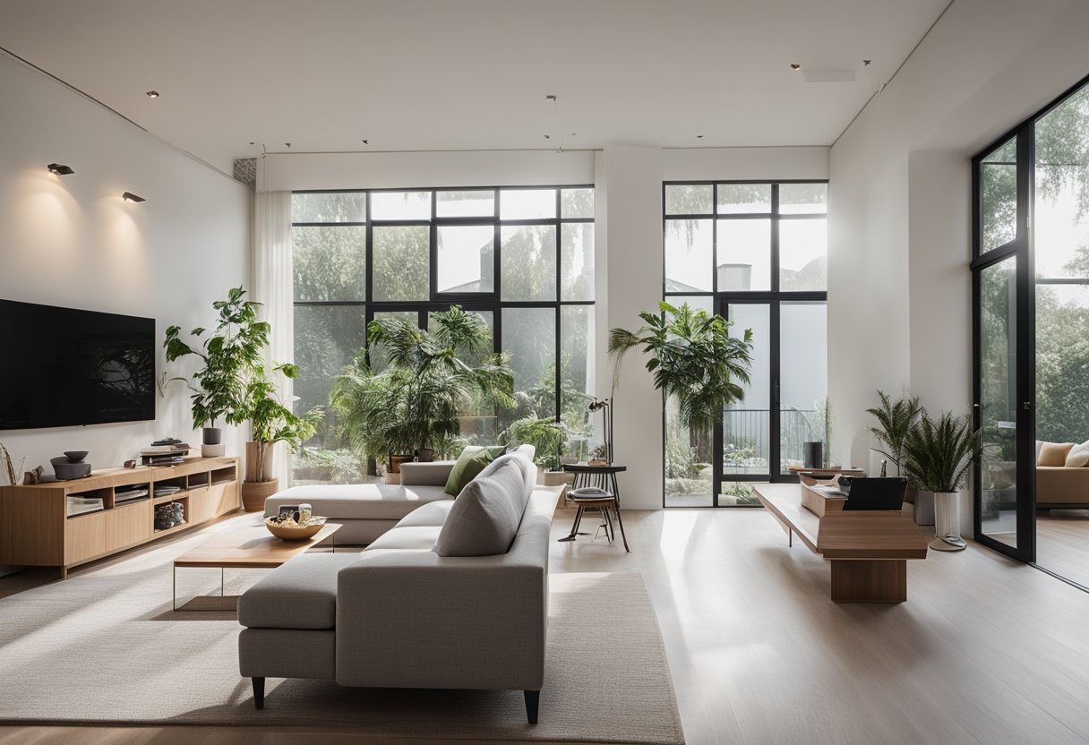 The one-room house has high ceilings, large windows, and minimal furniture. Light floods the space, highlighting the open layout and maximizing the feeling of spaciousness