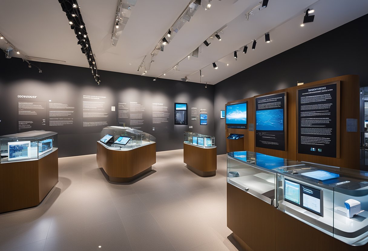 The museum interior features interactive displays and clear signage for easy navigation. A central information desk provides assistance for visitors