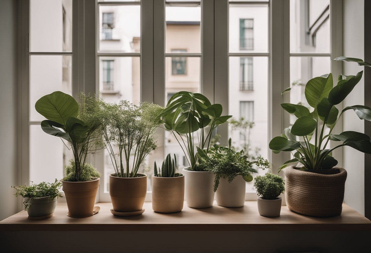 The one-room house has a minimalist aesthetic with neutral colors, natural materials, and cozy textiles. A large window brings in natural light, and potted plants add a touch of greenery