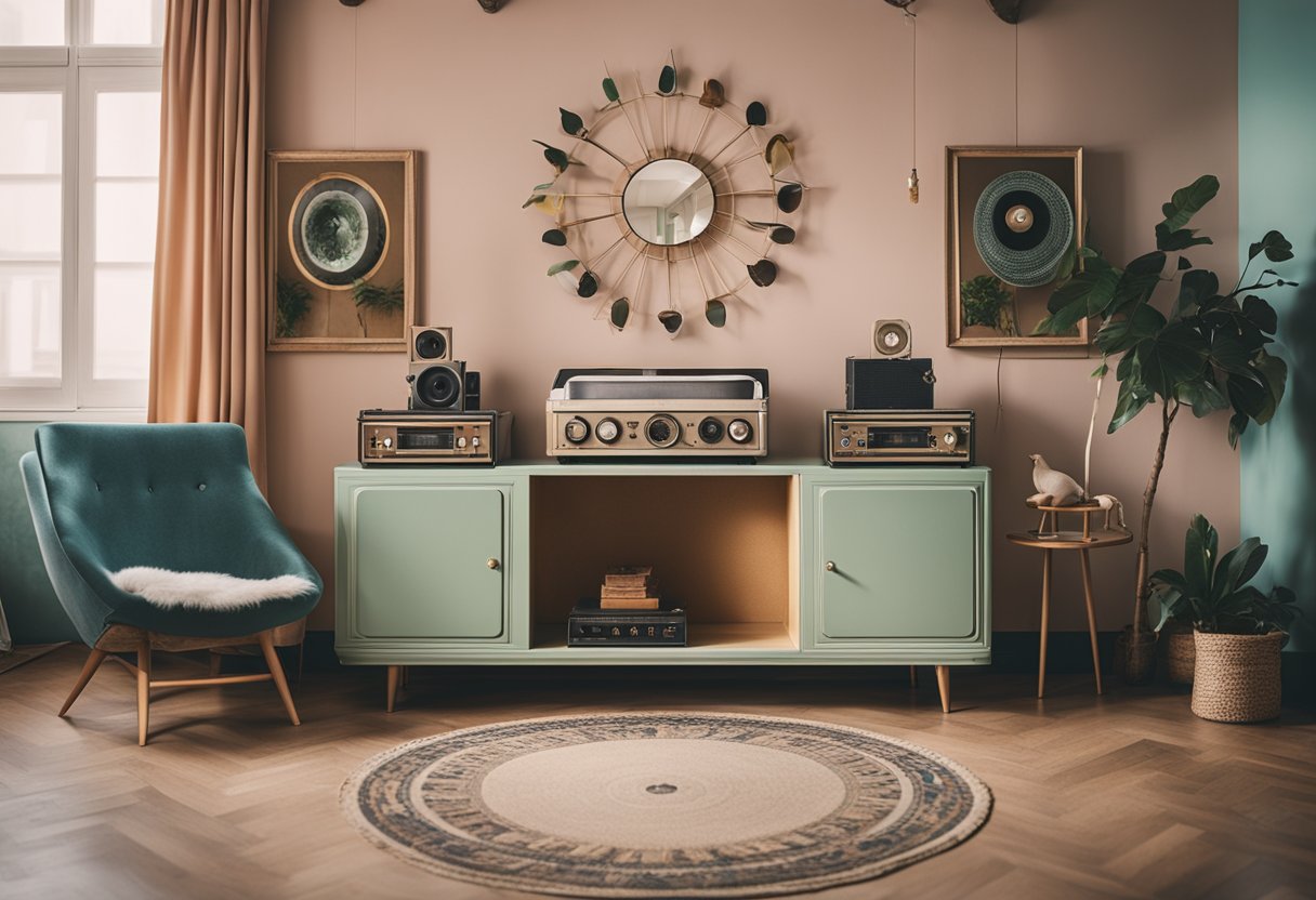 A symmetrical room with pastel colors, vintage furniture, and quirky details like a taxidermy animal or a retro record player