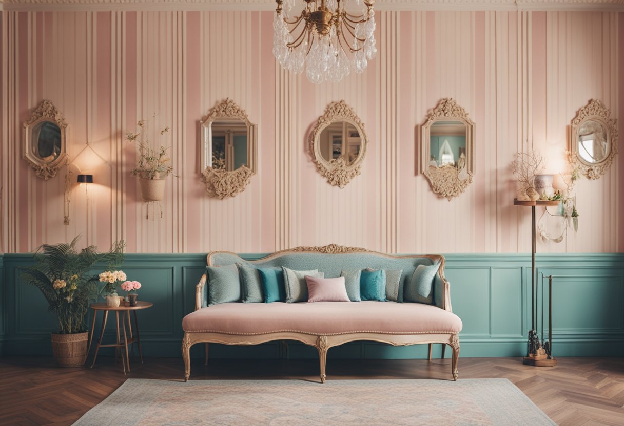 A symmetrical room with pastel colors, vintage furniture, and quirky details like patterned wallpaper and eclectic artwork