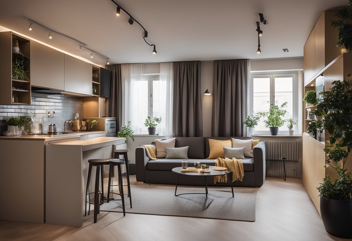 A cozy one-room house interior with a small kitchenette, a fold-out sofa bed, and a compact dining area. The space is efficiently organized with built-in storage and multi-functional furniture
