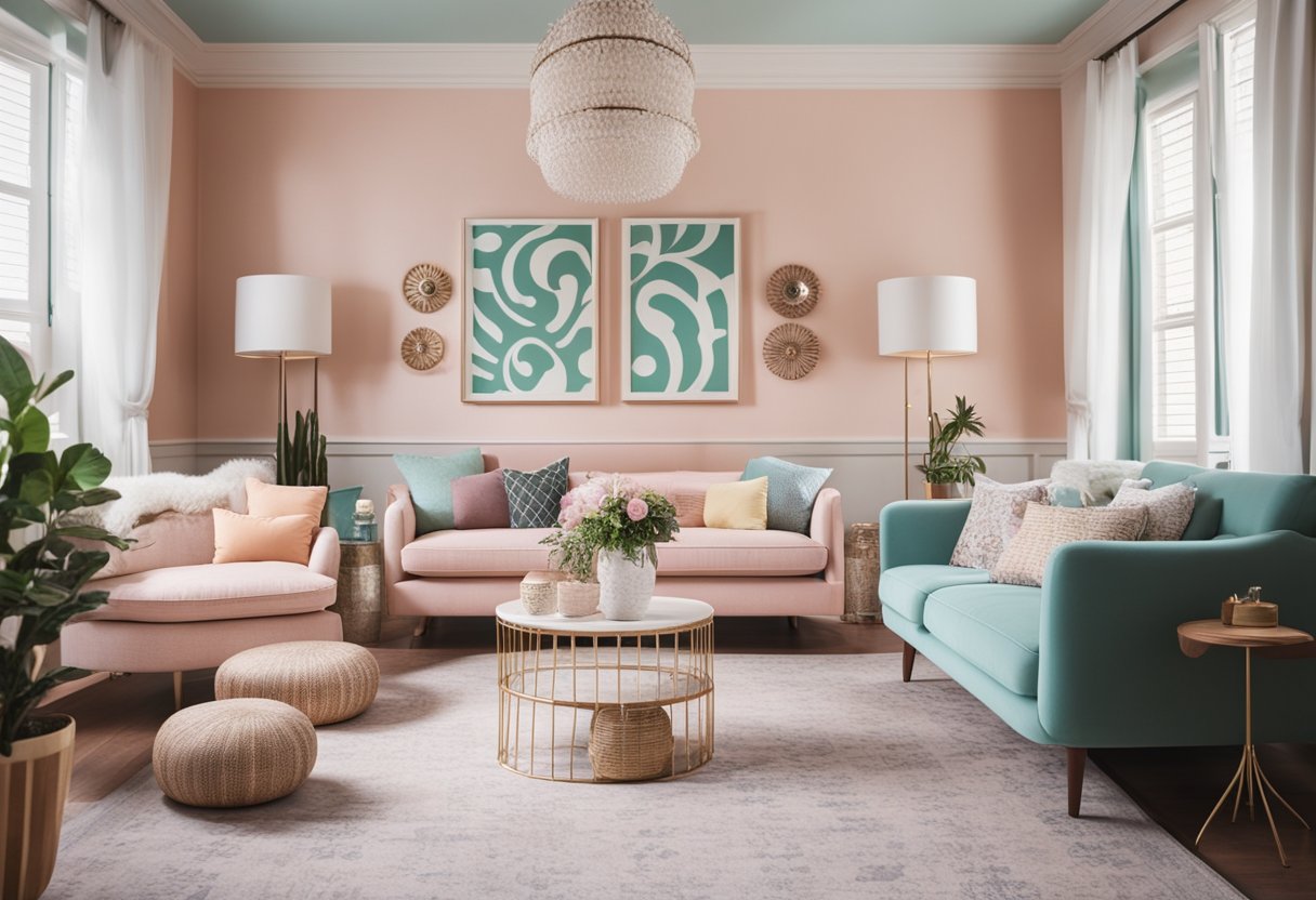 A quirky living room with pastel colors, vintage furniture, and symmetrical arrangements. A whimsical wallpaper with a repetitive pattern and a mix of eclectic decor items