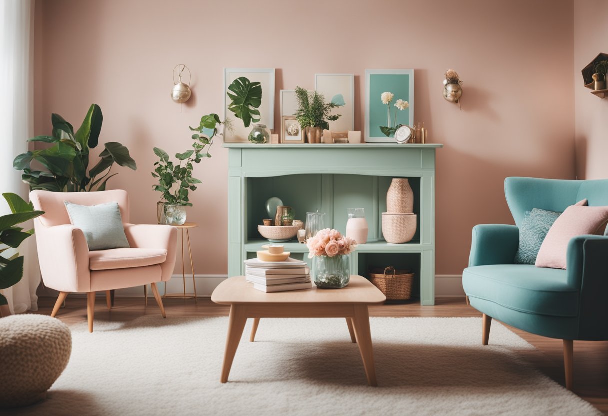 A cozy, vintage-inspired living room with quirky, symmetrical furniture arrangements, pastel color palette, and whimsical decorative details