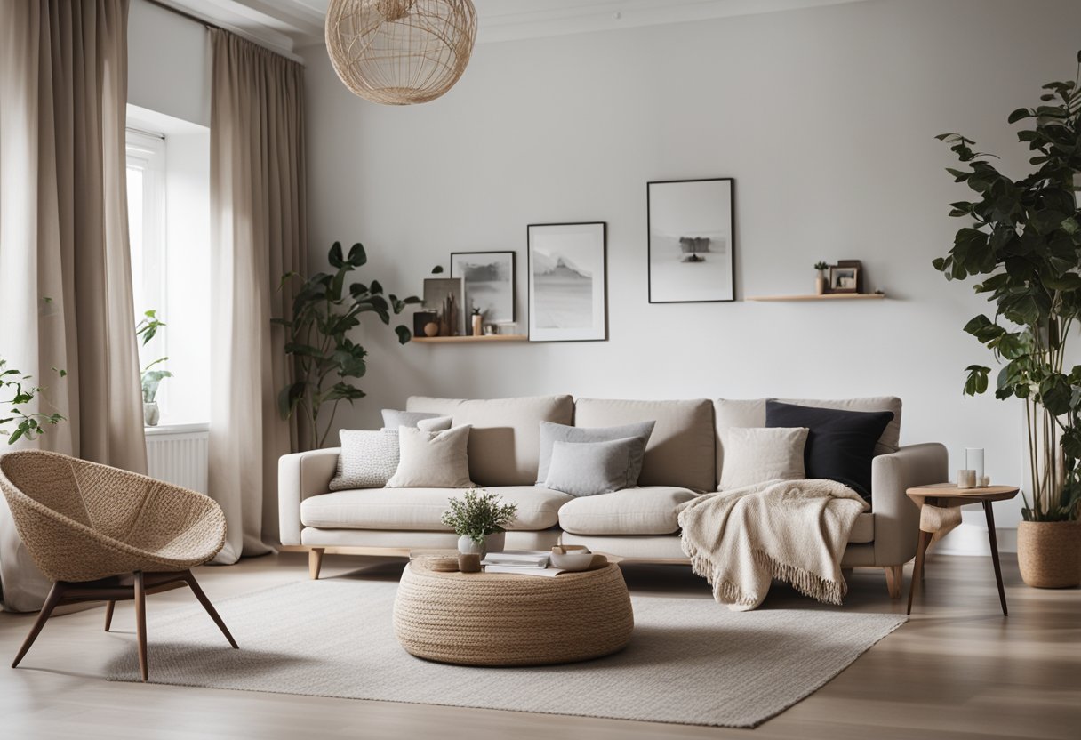 A cozy living room with minimalist furniture, natural light, and neutral colors in a Scandinavian interior design