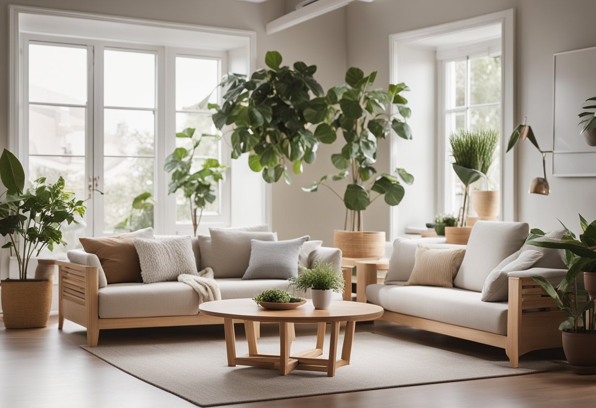A bright, minimalist living room with light wood furniture, neutral colors, and cozy textiles. Large windows let in natural light, and potted plants add a touch of greenery