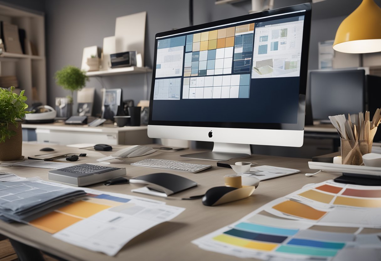 A cluttered desk with fabric swatches, paint samples, and floor plans scattered around. A computer displaying 3D renderings of a room. Blueprints pinned to the wall