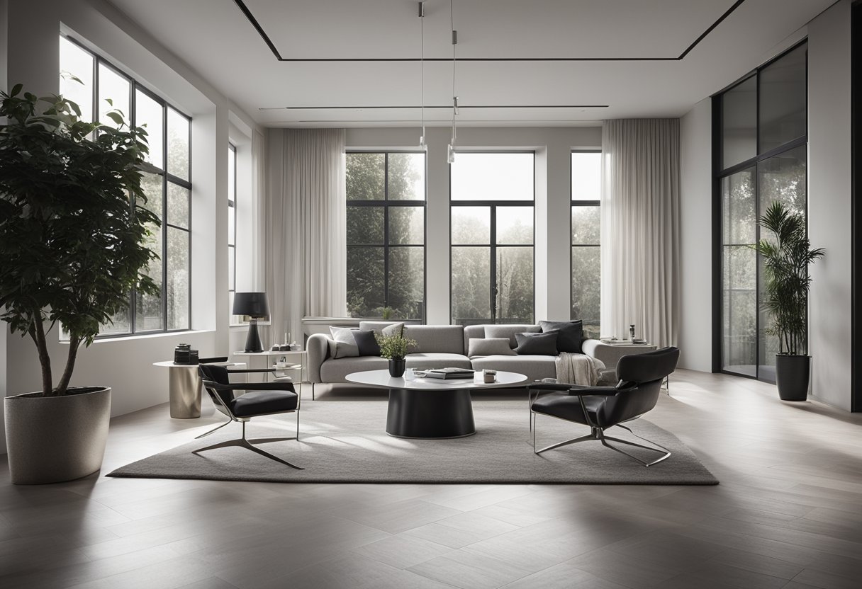 A monochromatic interior with sleek furniture and minimal decor. Light filters in through large windows, casting soft shadows on the clean, uncluttered space