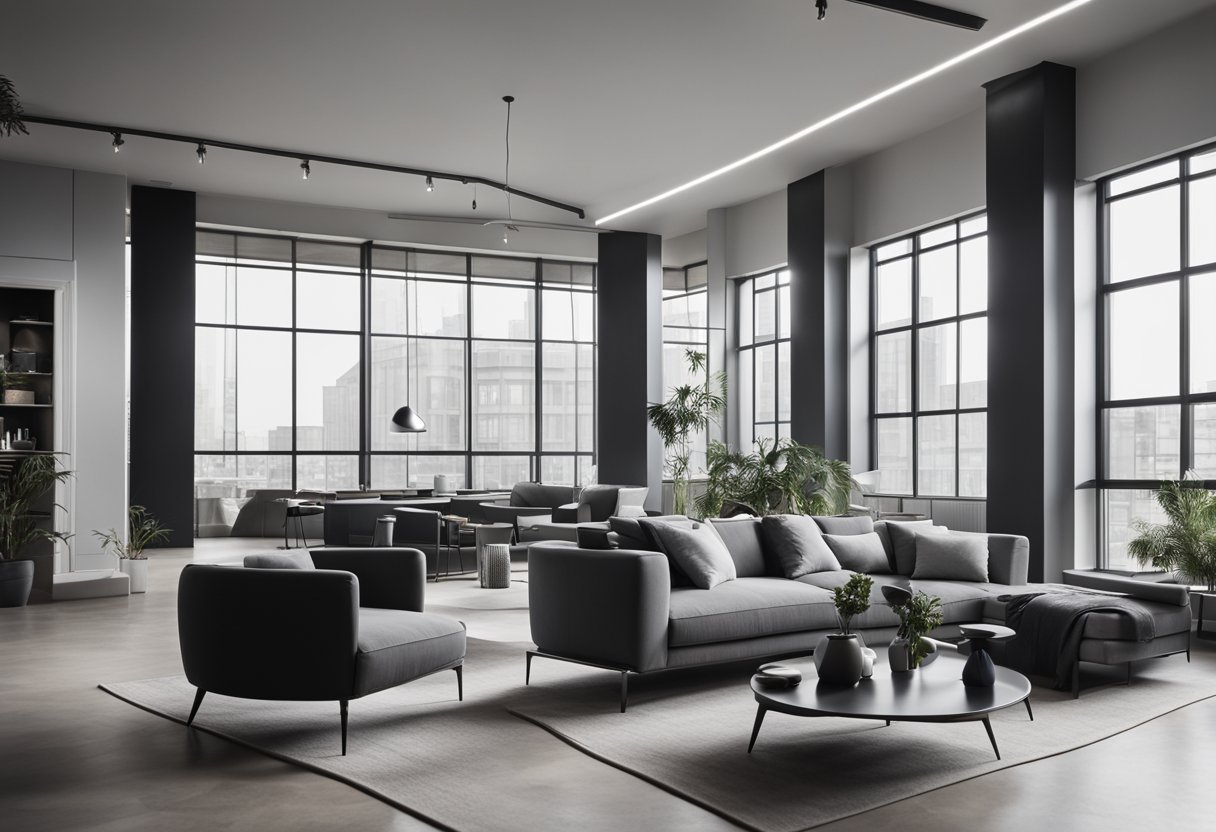 A monochromatic interior with varying shades of gray. Minimalist furniture and decor create a sleek and sophisticated atmosphere. Light streams in through large windows, casting soft shadows