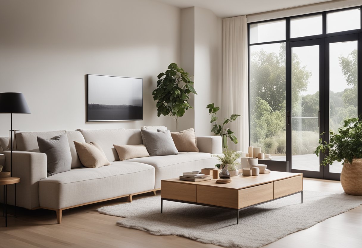 A cozy living room with light wood furniture, clean lines, and minimalistic decor. White walls and large windows let in natural light, while a neutral color palette creates a serene and inviting atmosphere