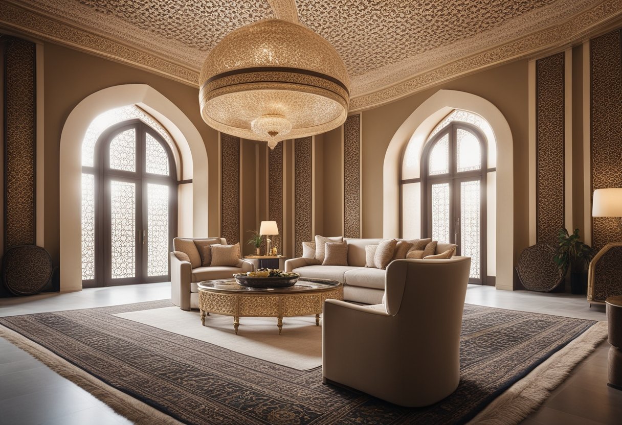 A spacious, well-lit room with geometric patterns, arabesque motifs, and calligraphy adorning the walls. Elegant furniture, plush rugs, and ornate lighting fixtures complete the modern Islamic interior design