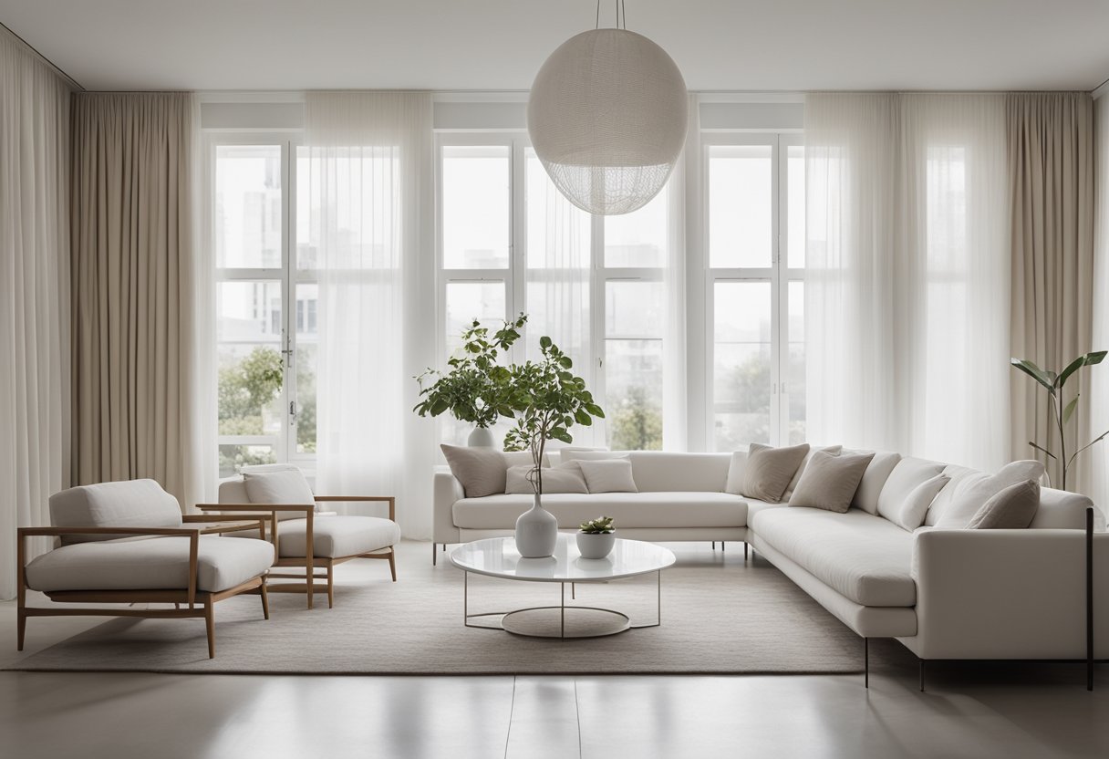A room with all-white furniture, walls, and decor. Soft, natural light filters in through sheer curtains, creating a serene and minimalist atmosphere