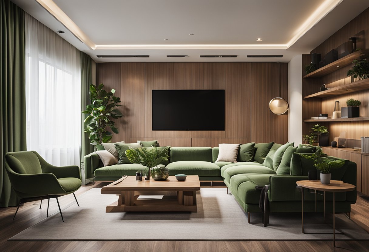A spacious living room with modern furniture and warm lighting, featuring a minimalist color palette with pops of green and wood accents