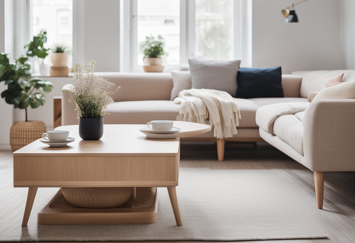 A bright, minimalist living room with clean lines, light wood furniture, and pops of pastel colors. A cozy sofa and a sleek coffee table complete the inviting Scandinavian interior design