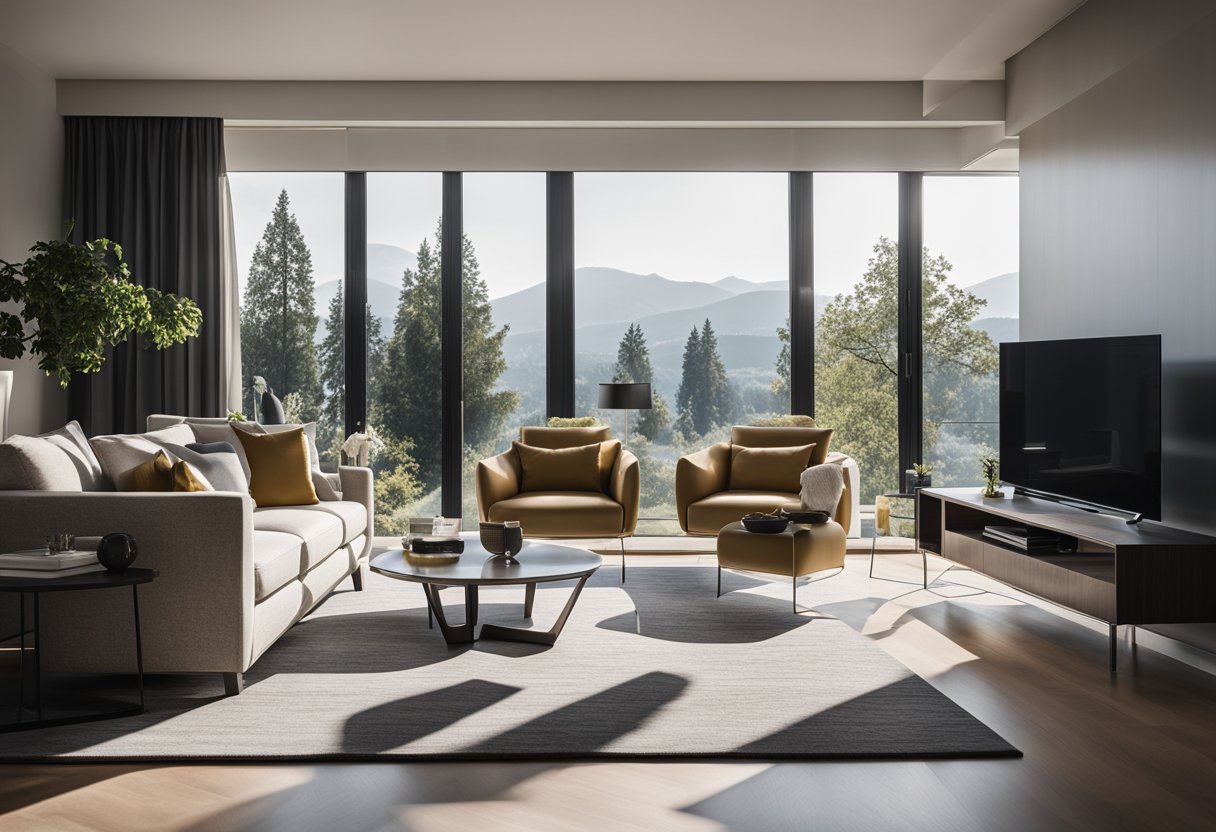 A modern living room with sleek furniture, geometric patterns, and a monochromatic color scheme. A large window lets in natural light, illuminating the space
