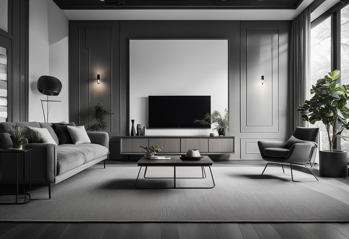 A cozy living room with grayscale furniture and decor, featuring clean lines and minimalistic accents