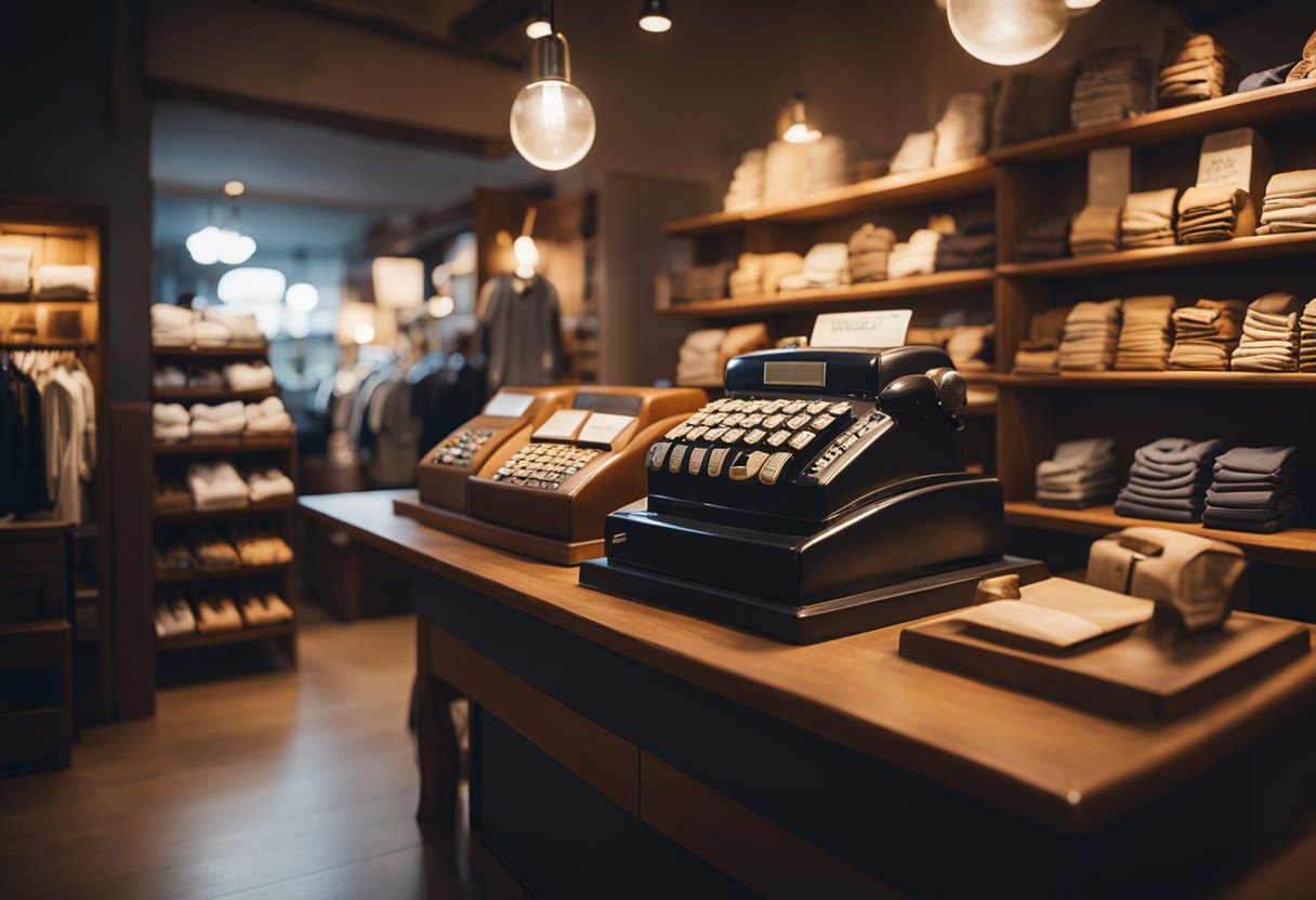 The small clothes shop is cozy, with warm lighting and wooden shelves displaying neatly folded clothes. A vintage cash register sits on the counter, and a small seating area invites customers to linger