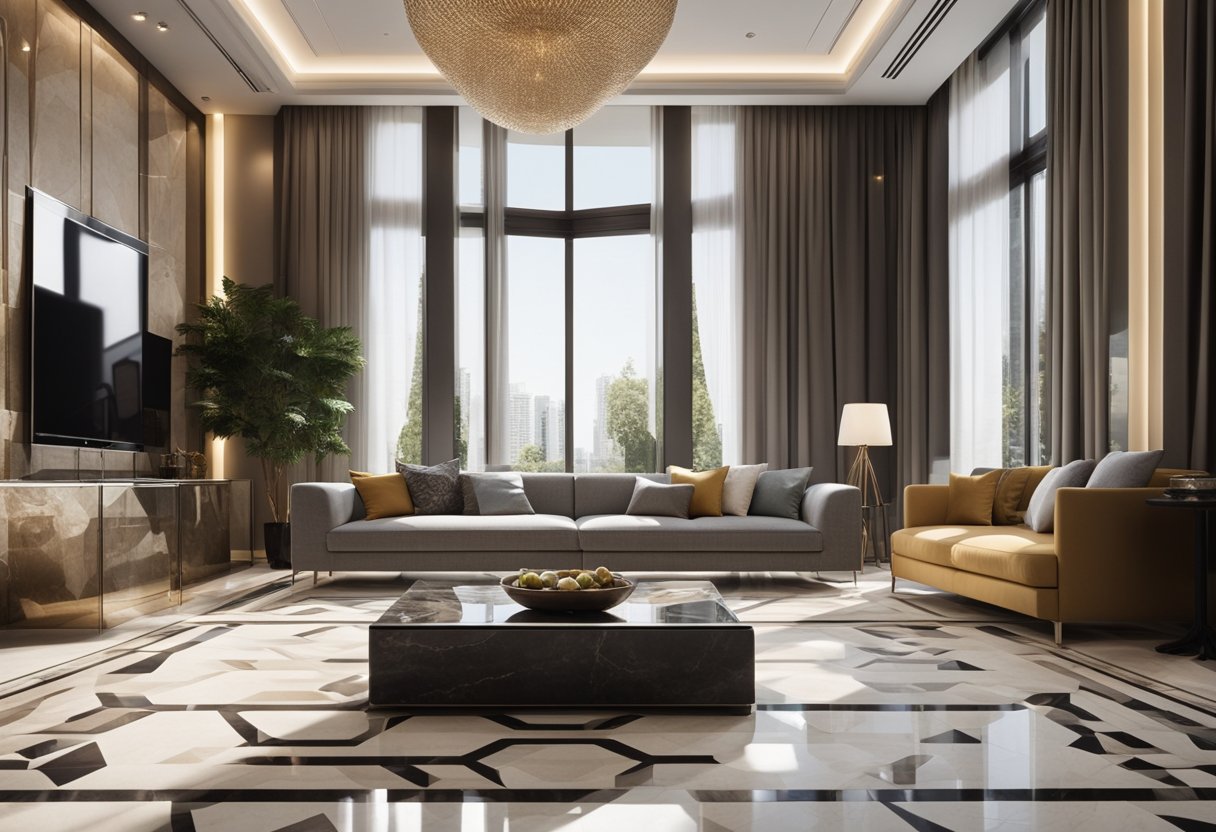 A spacious living room with marble floors, geometric patterned carpets, and sleek metallic furniture. Large windows let in natural light, casting a warm glow on the modern Islamic decor